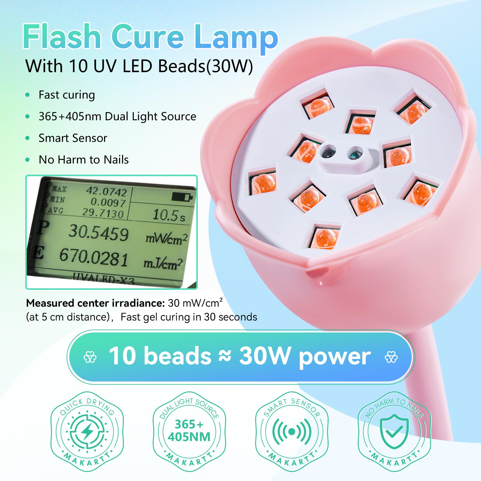 Makartt pink lamp with LCD display showing timer and battery status.