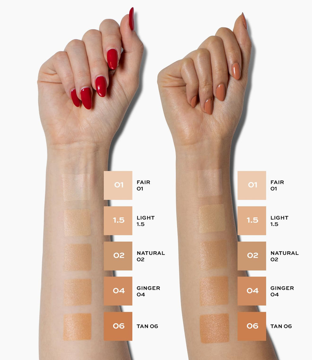 MAKE Diffusion Dew Skin Tint swatch on skin shows sheer to medium coverage.