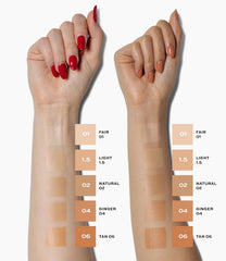 MAKE Diffusion Dew Skin Tint swatch on skin shows sheer to medium coverage.