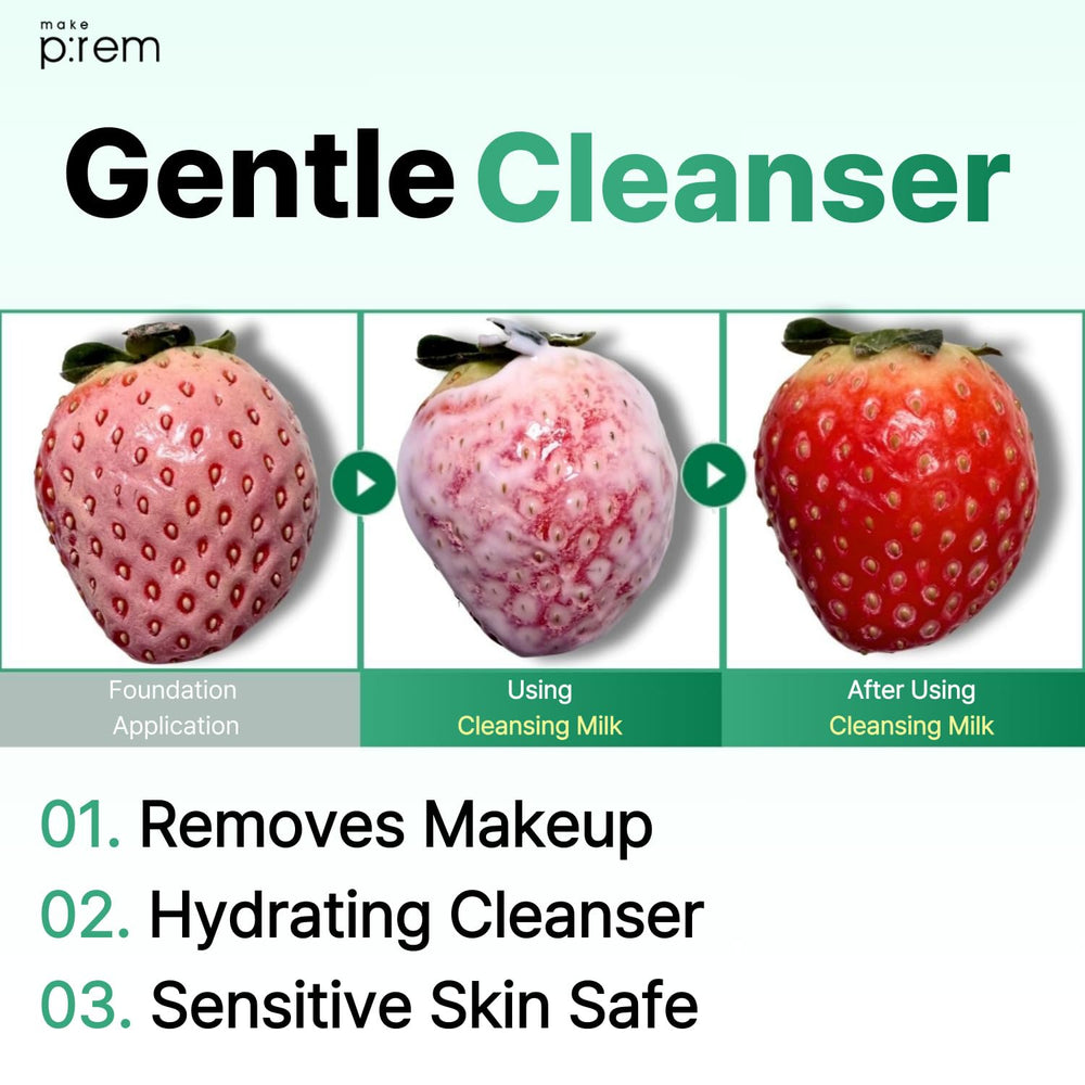 MAKEP:REM Safe Me Relief Moisture Cleansing Milk bottle back view highlights hydrating formula