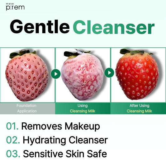 MAKEP:REM Safe Me Relief Moisture Cleansing Milk bottle back view highlights hydrating formula