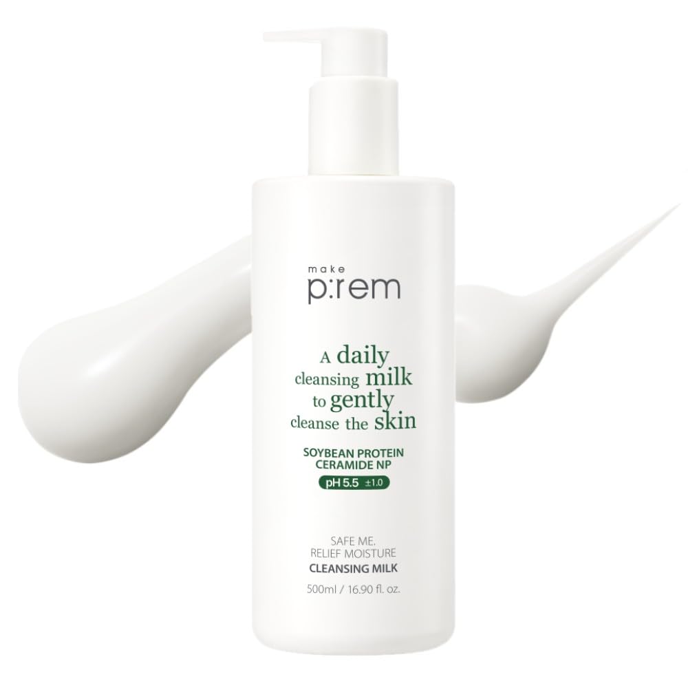 MAKEP:REM Safe Me Relief Moisture Cleansing Milk bottle front view for gentle cleansing