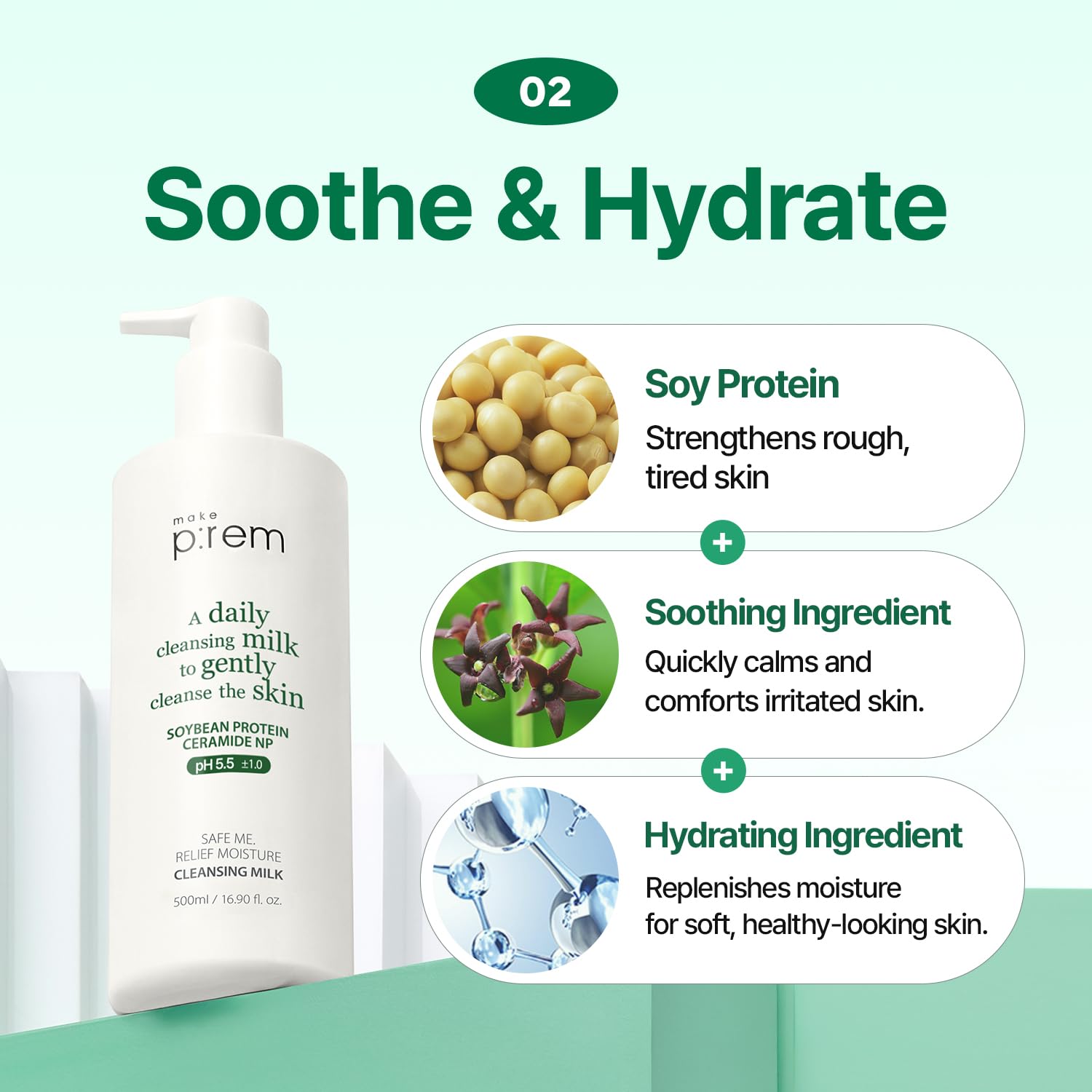 MAKEP:REM Safe Me Relief Moisture Cleansing Milk ingredients panel highlights soy protein benefits