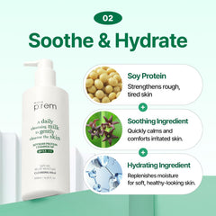 MAKEP:REM Safe Me Relief Moisture Cleansing Milk ingredients panel highlights soy protein benefits