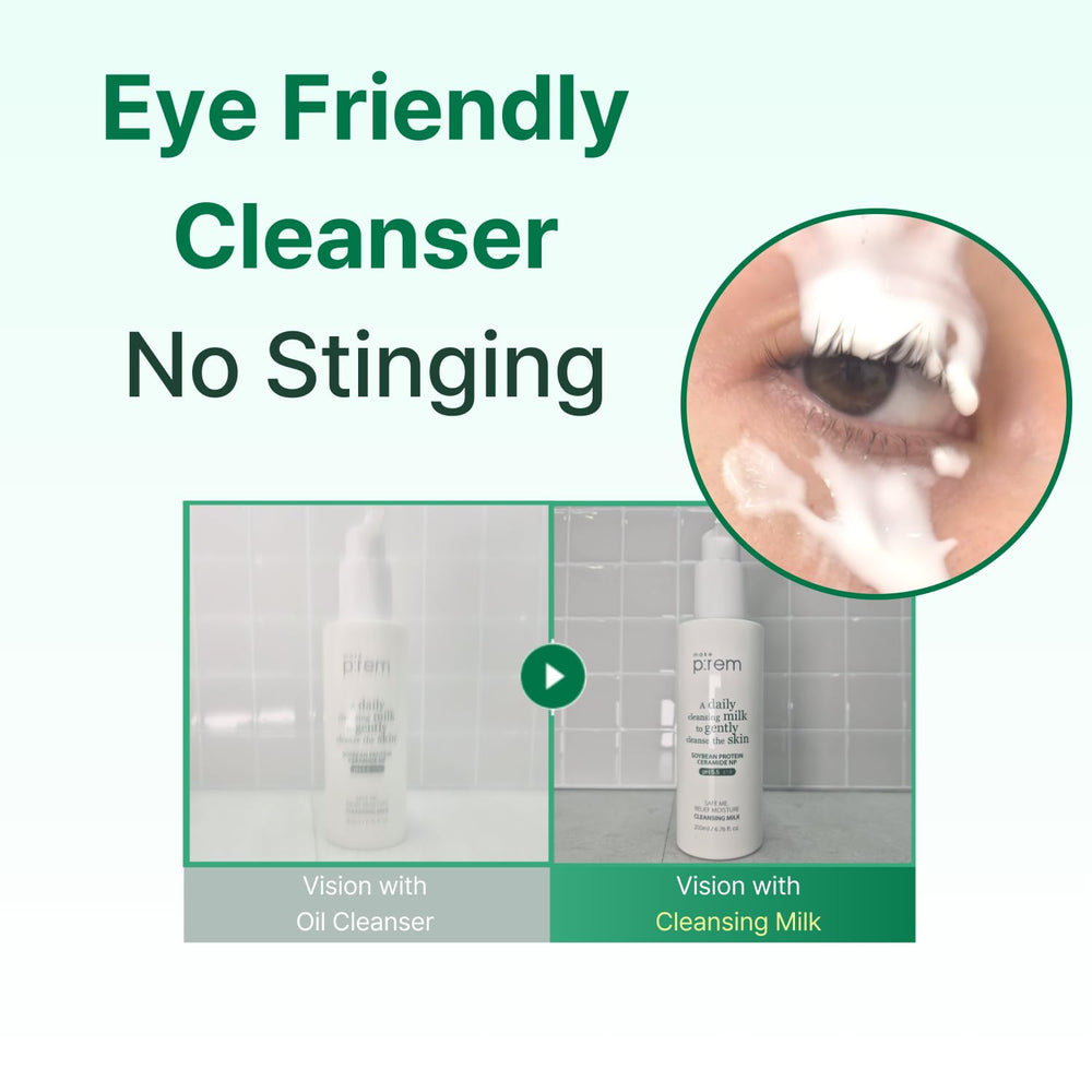 MAKEP:REM Safe Me Relief Moisture Cleansing Milk pump-cap demonstrates easy daily use