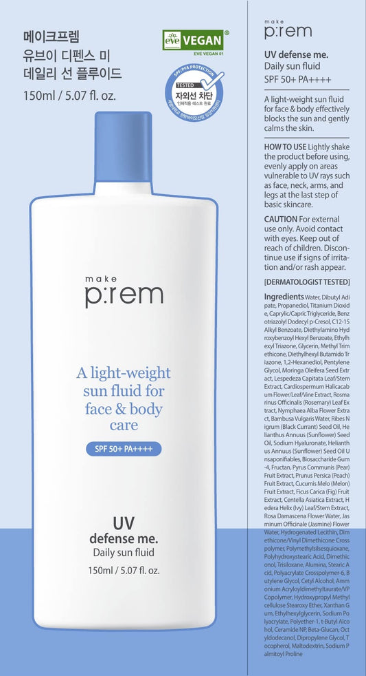 MAKEPREM REM Defense Me Daily Sun Fluid bottle back reveals ingredients and usage notes for sensitive skin.