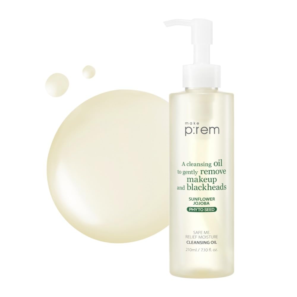 MAKEP:REM Safe Me cleansing oil bottle pump shows gentle makeup removal and oil control.