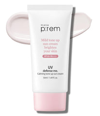 Makeprem UVA UVB Defense sun cream tube front showing SPF 50+ protection for sensitive skin.
