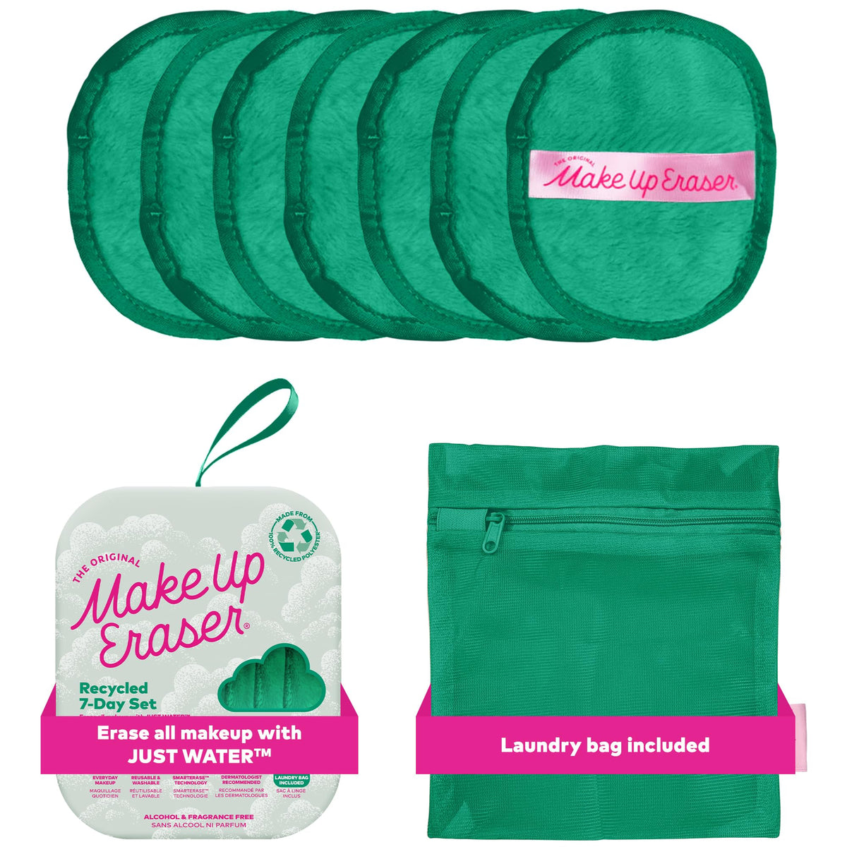 MakeUp Eraser 7-Day Set packaging highlights eco-friendly reusable cloths for water-only makeup removal.