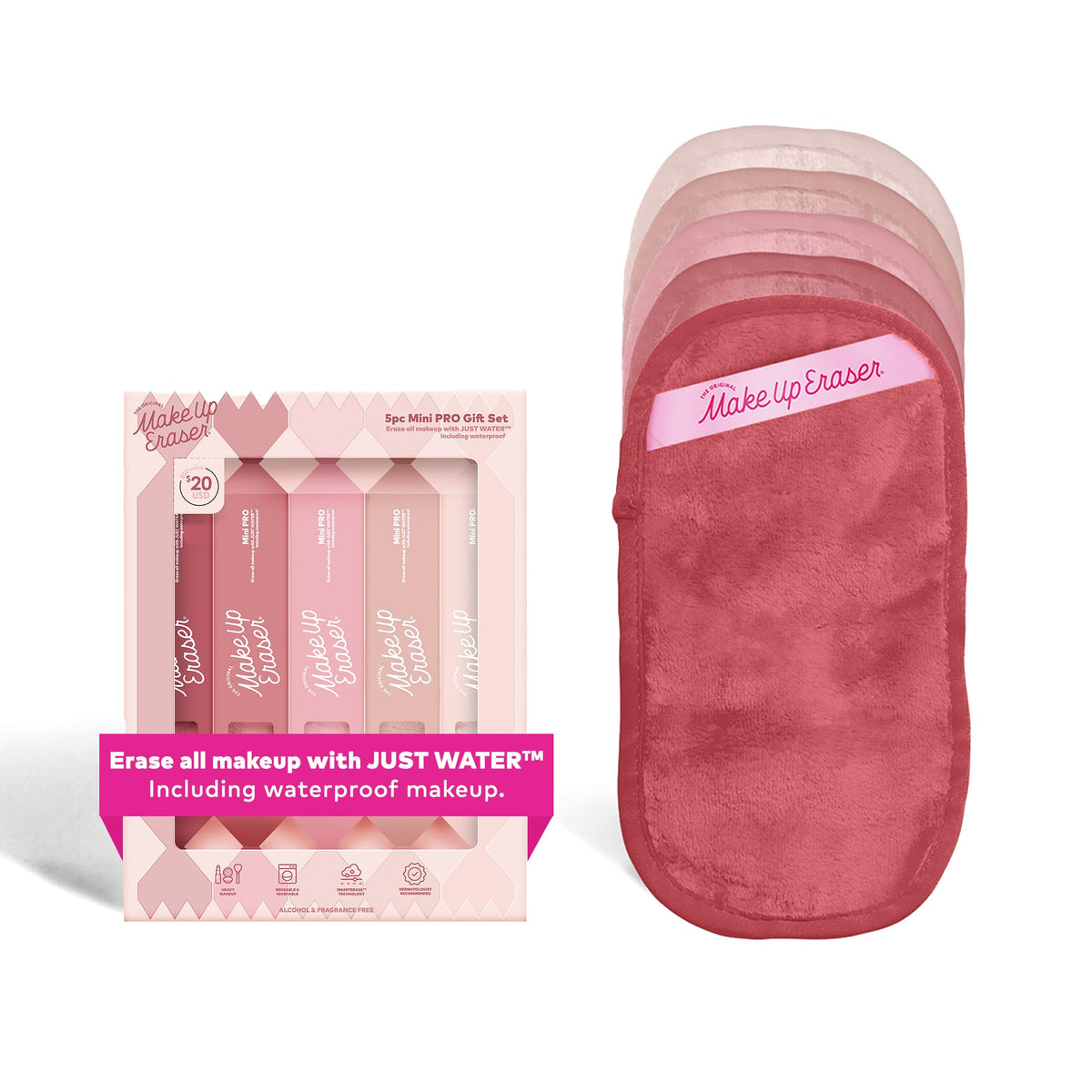 MakeUp Eraser Mini PRO 5pk Gift Set front view for portable makeup removal.