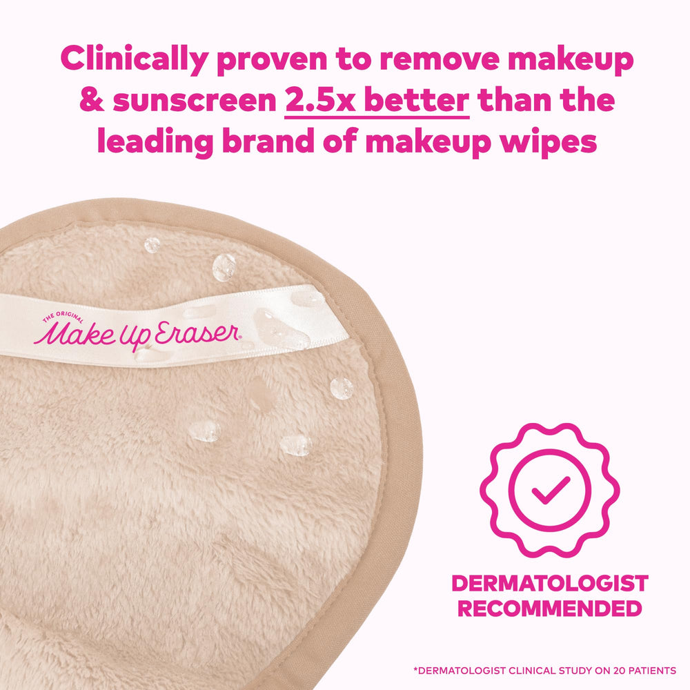 Waterproof makeup removal shown with MakeUp Eraser using only water.