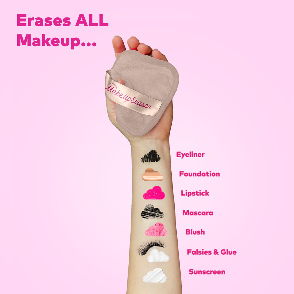 MakeUp Eraser in action removing makeup on face and lashes with water.