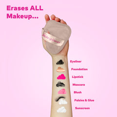 MakeUp Eraser in action removing makeup on face and lashes with water.
