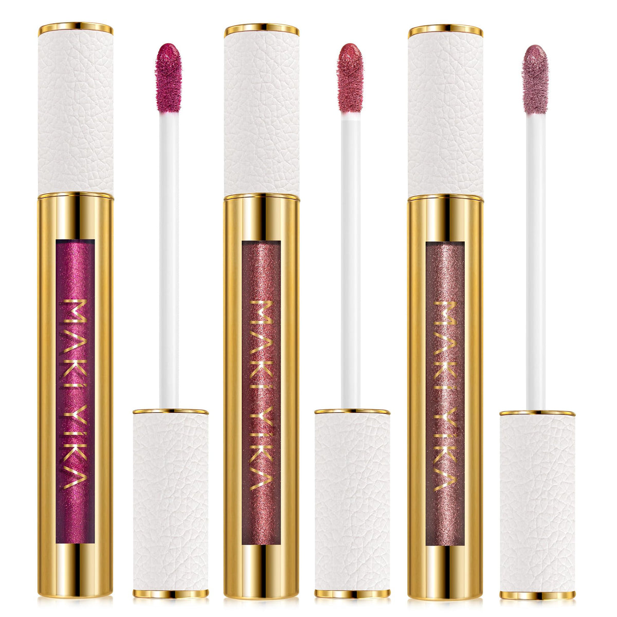MAKI YIKA metallic lipstick in hot pink swatch showing vibrant shine and long wear