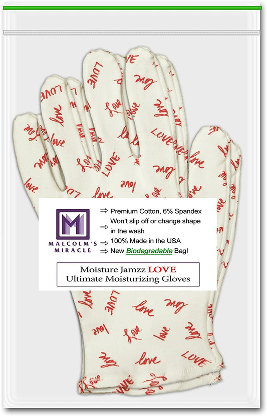 Malcolm's Miracle Love Moisturizing Gloves packaging with USA label, signaling reliable craftsmanship