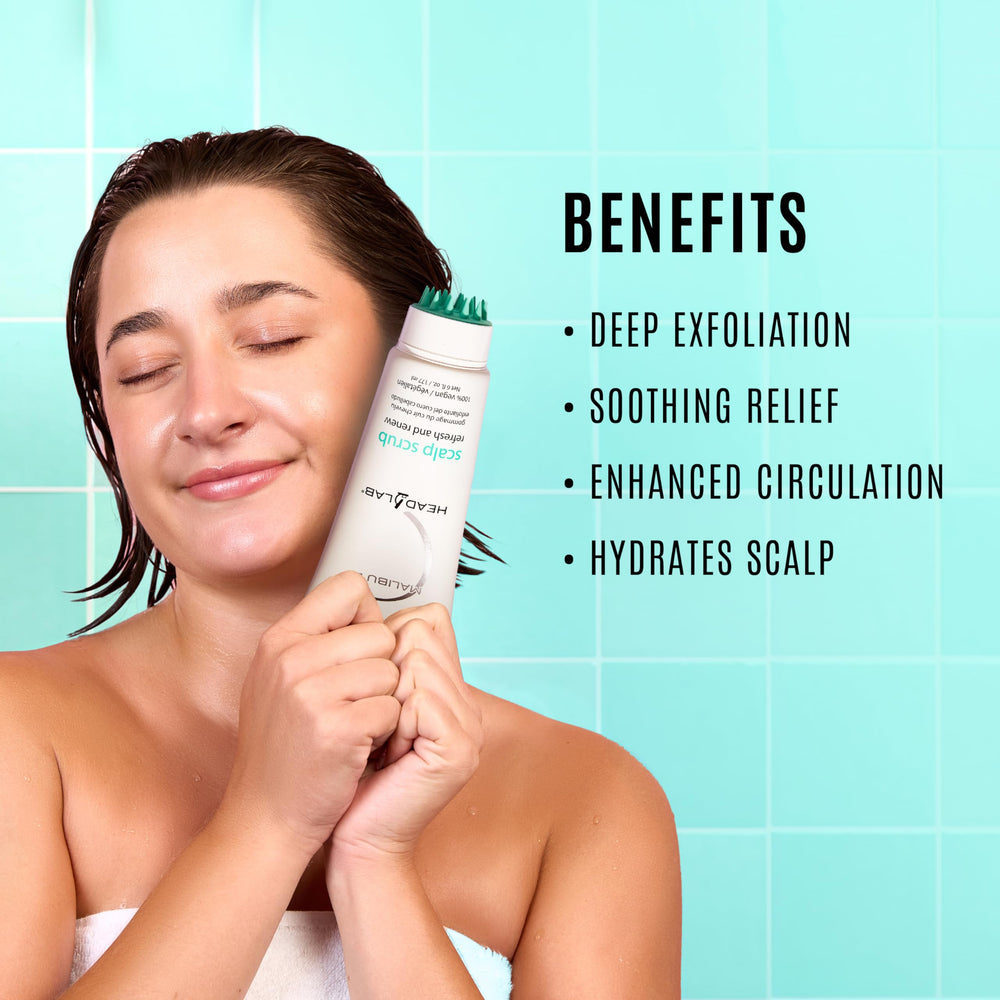 Malibu C Head Lab Scalp Scrub application image showing easy 1–3 minute scalp treatment