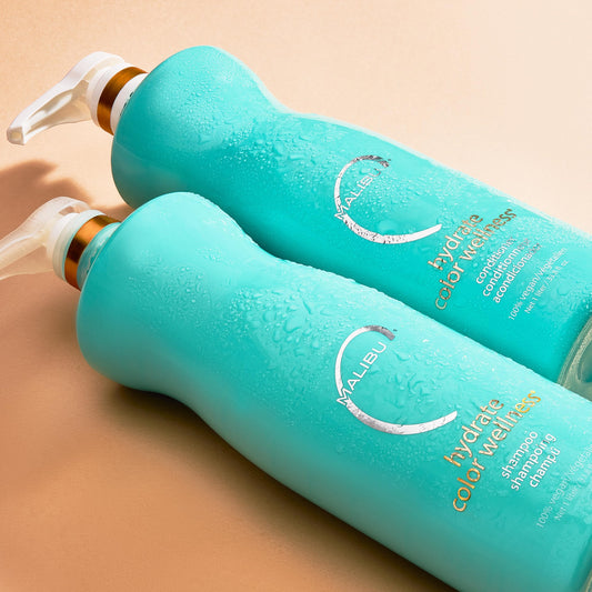 Malibu C Hydrate Color Wash display emphasizes color protection and vibrancy.