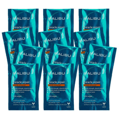 Malibu C Miracle Repair Blonde Enhancer packet on display, moisture boost for damaged blondes.