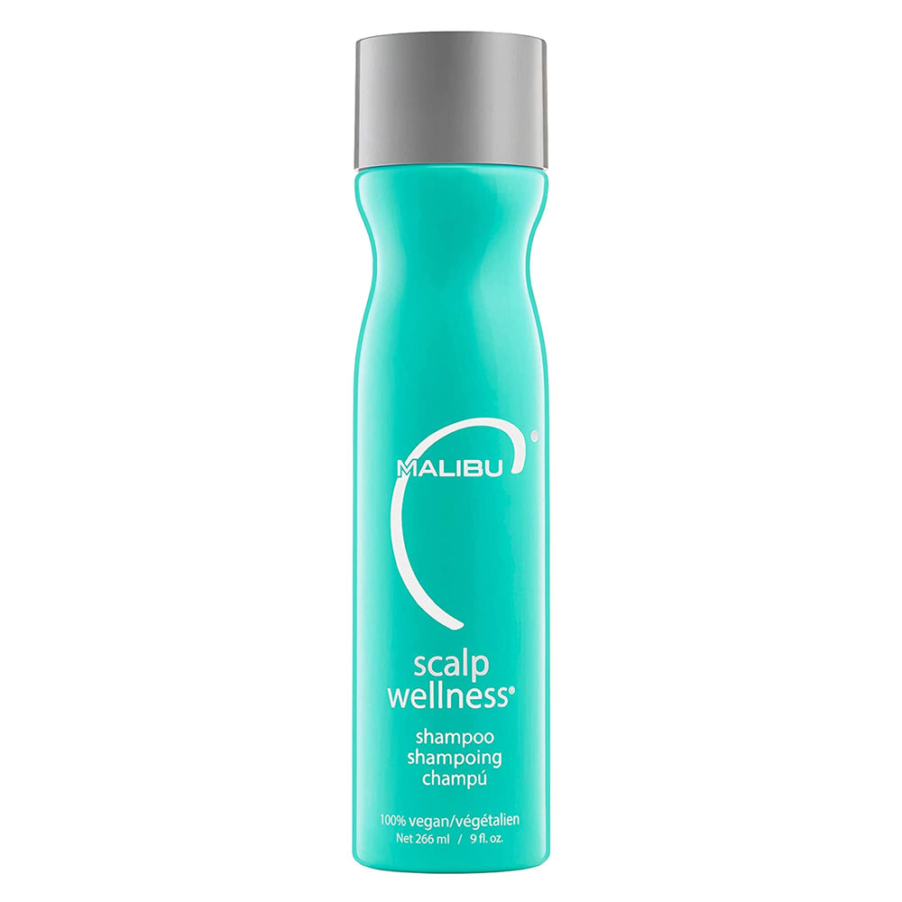 Malibu C Scalp Wellness Shampoo bottle front highlights refreshing formula for scalp care.