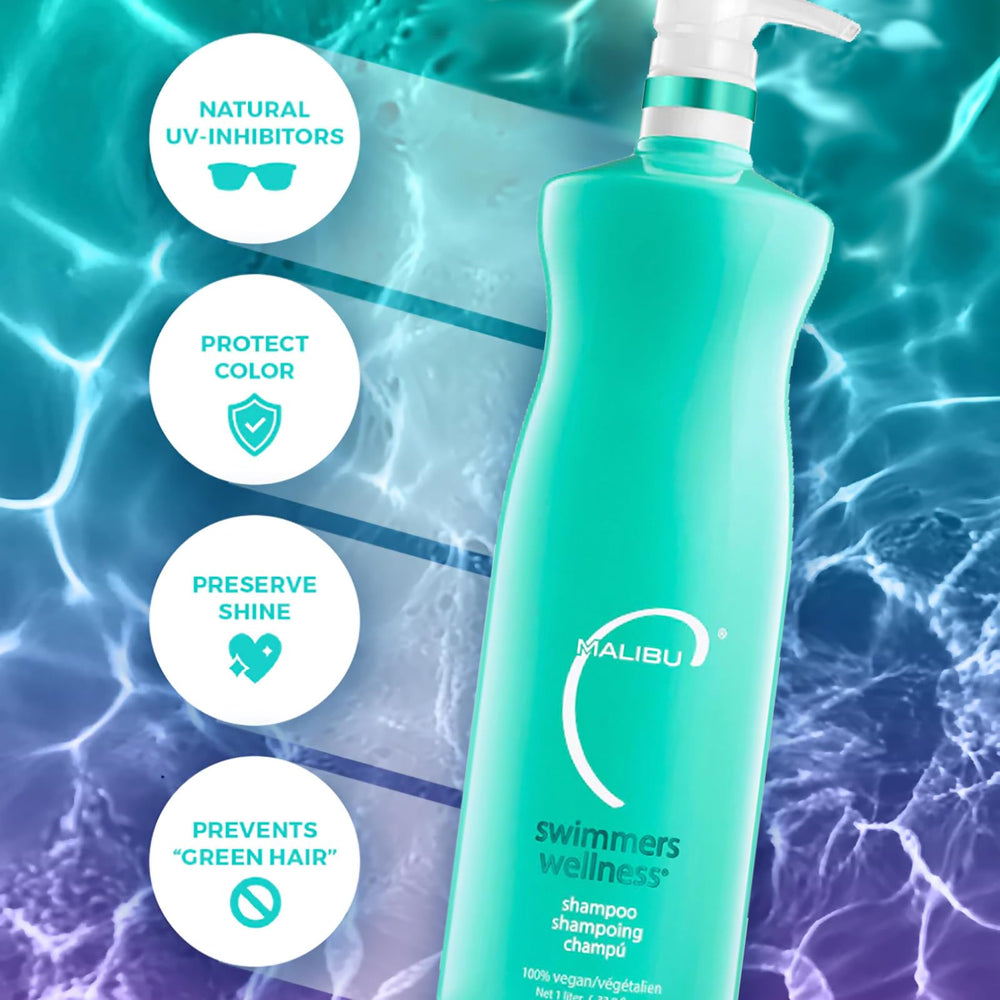 Malibu C Swimmers Wellness Shampoo removes chlorine and minerals from hair after swimming