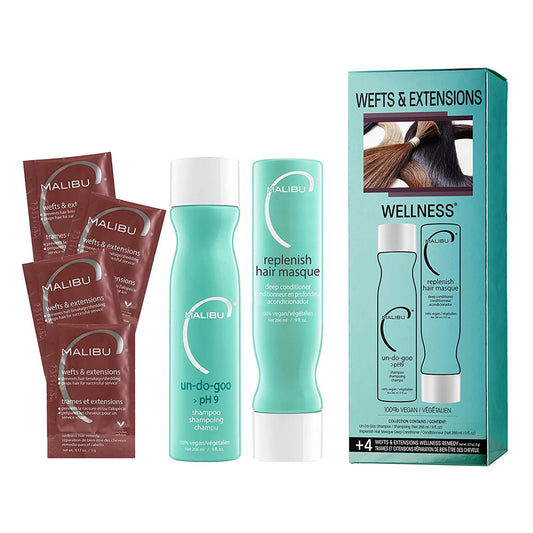 Malibu C Wefts shampoo bottle for gentle cleansing of extensions and natural hair