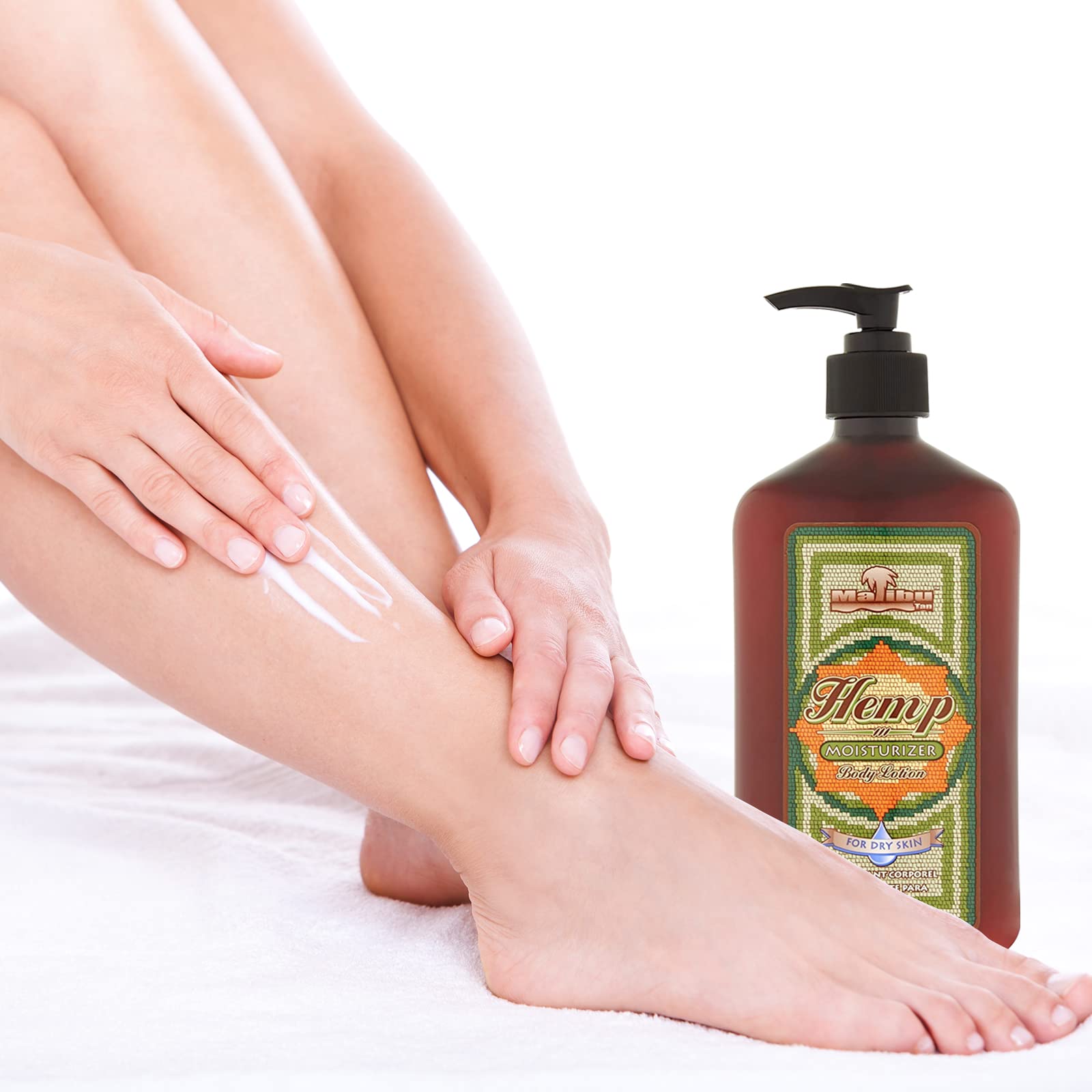 Malibu Tan lotion on skin illustrates gentle hydration for dry areas