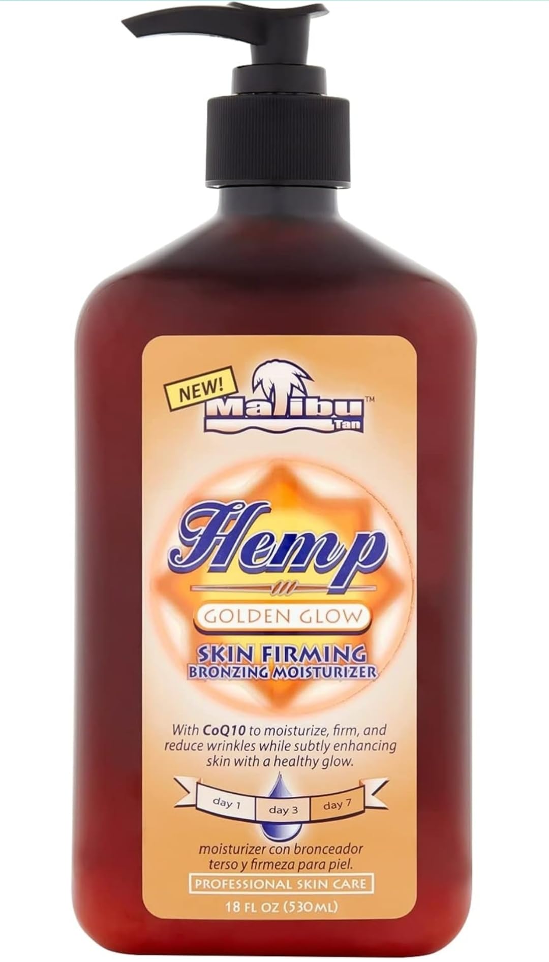 Malibu Tan Hemp Golden Glow bottle shows firming and bronze potential.