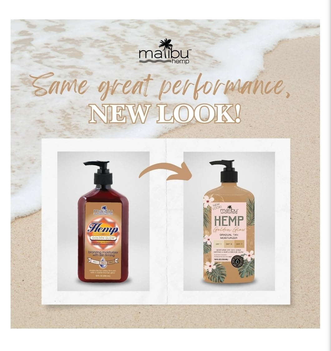 Malibu Tan Hemp Golden Glow dispenser close-up for easy, even application.