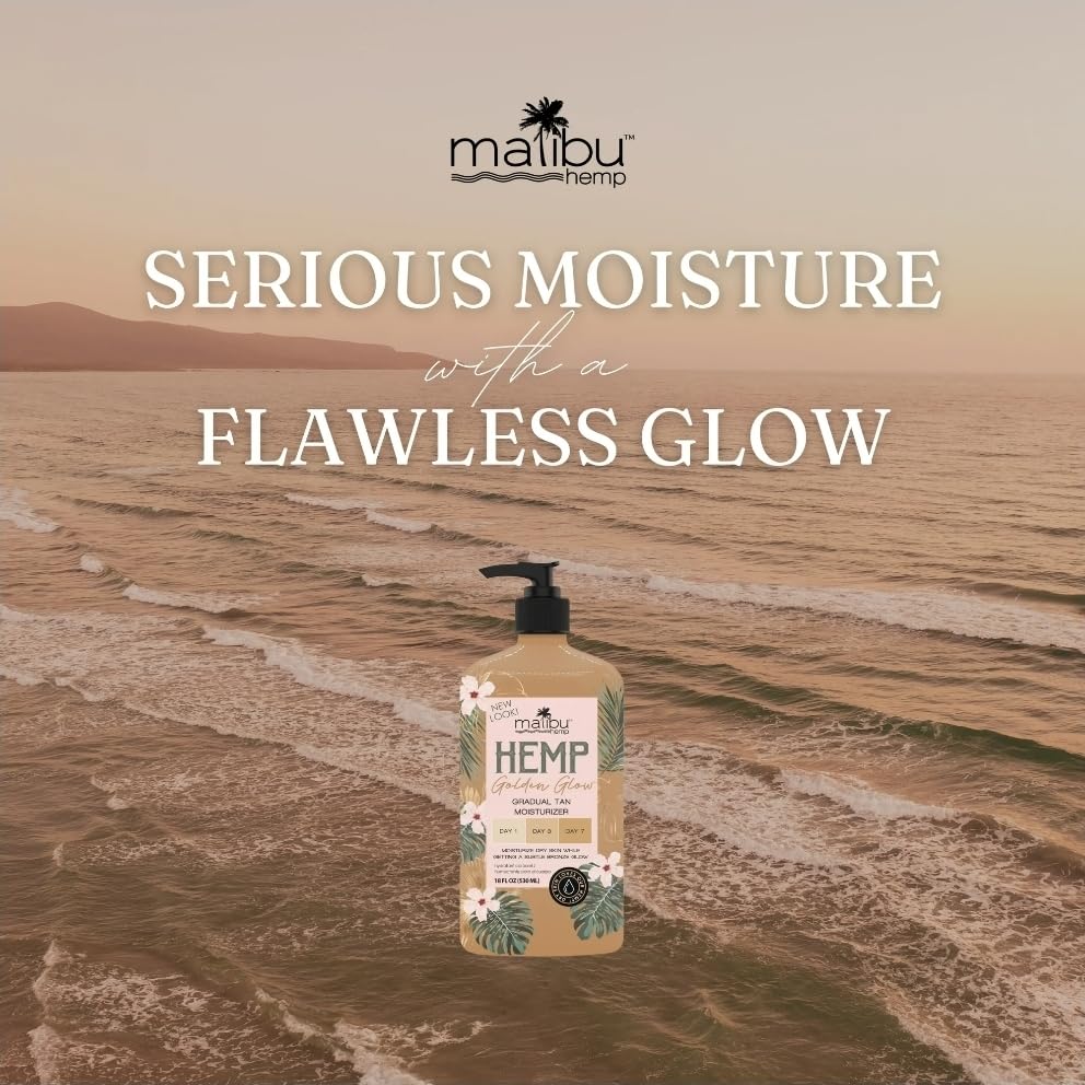 Tube packaging of Malibu Tan Hemp Golden Glow for travel and daily use.