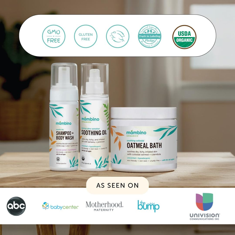 Mambino Organics baby-safe label on bottle highlighting gentle care.