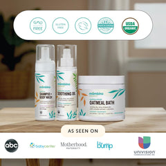 Mambino Organics baby-safe label on bottle highlighting gentle care.