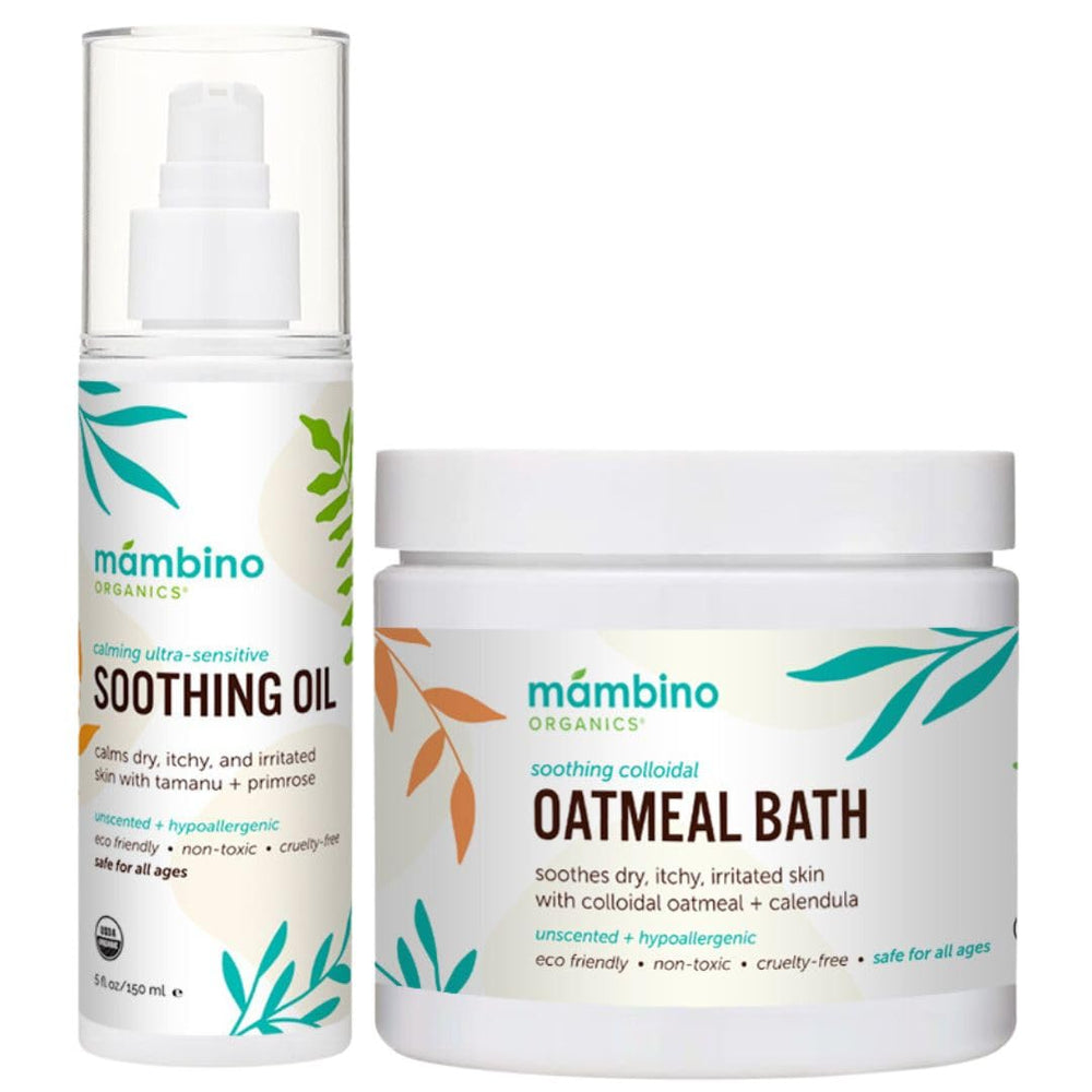 Mambino Organics calming skin set oatmeal bath powder in tub for soothing skin