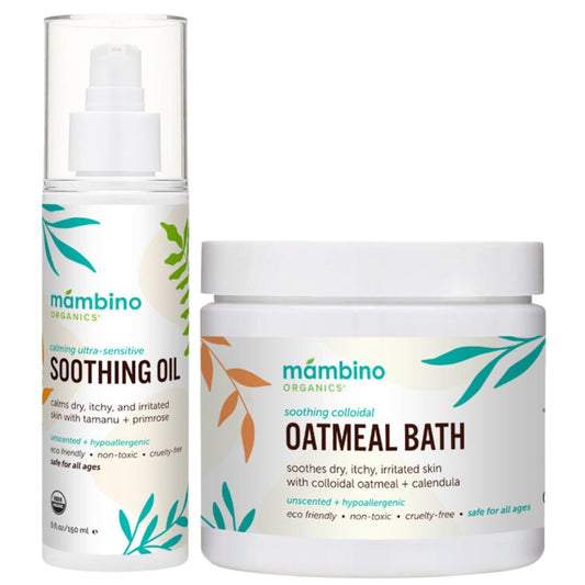 Mambino Organics calming skin set oatmeal bath powder in tub for soothing skin