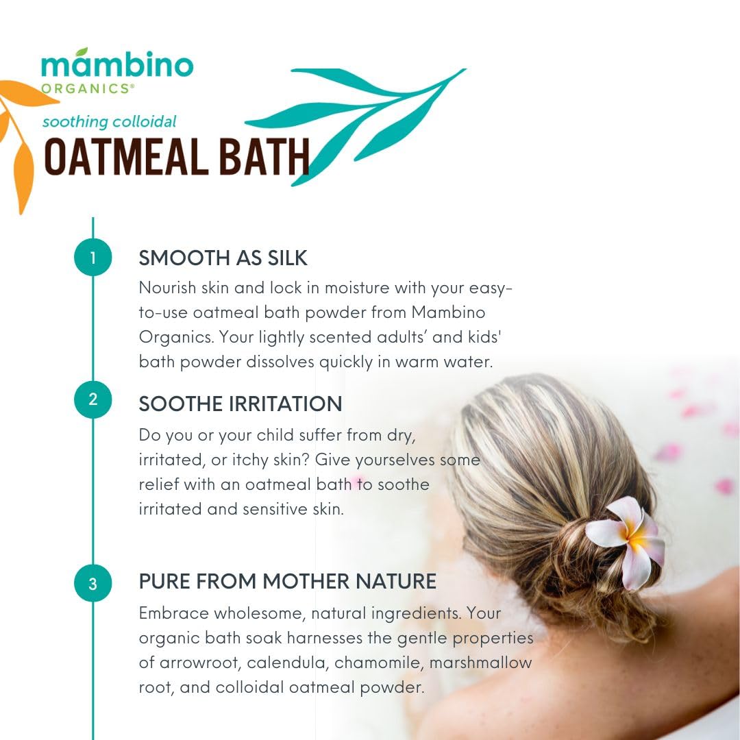 Mambino Organics oatmeal bath powder closeup highlighting fragrance-free gentle care for sensitive skin