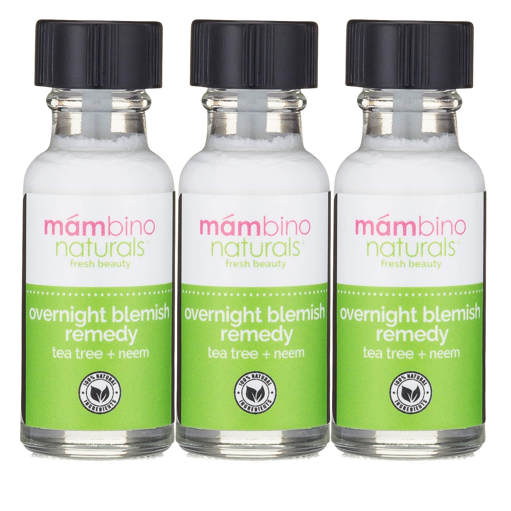 Mambino Organics Overnight Blemish Roll-On bottle for targeted tea tree spot treatment at night.