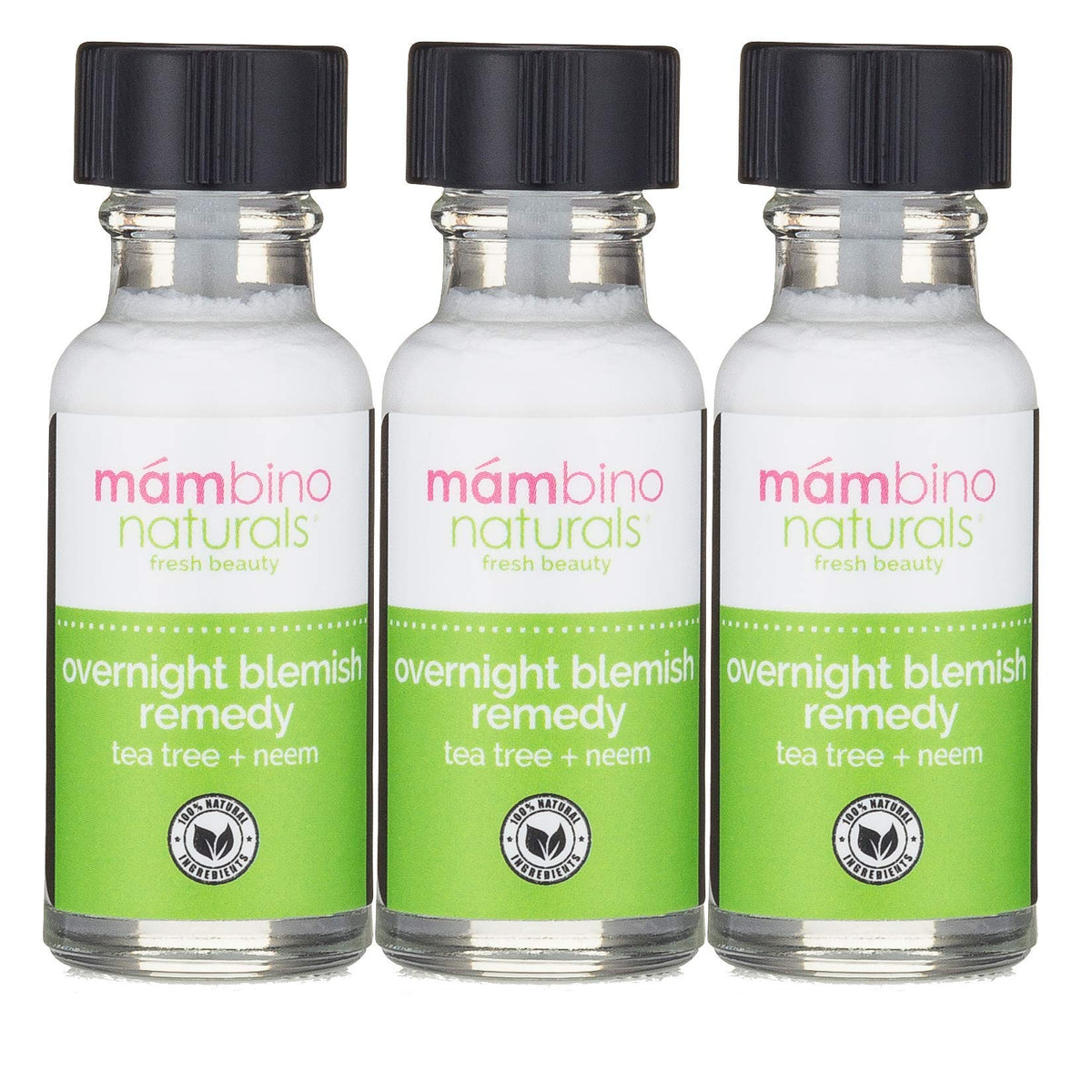 Mambino Organics Overnight Blemish Roll-On bottle for targeted tea tree spot treatment at night.