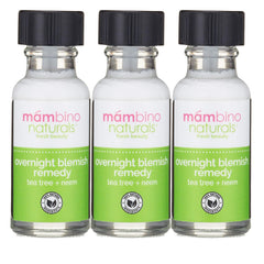 Mambino Organics Overnight Blemish Roll-On bottle for targeted tea tree spot treatment at night.
