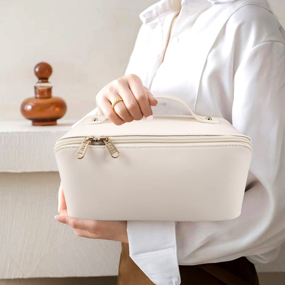 Interior pockets keep brushes and skincare neatly organized