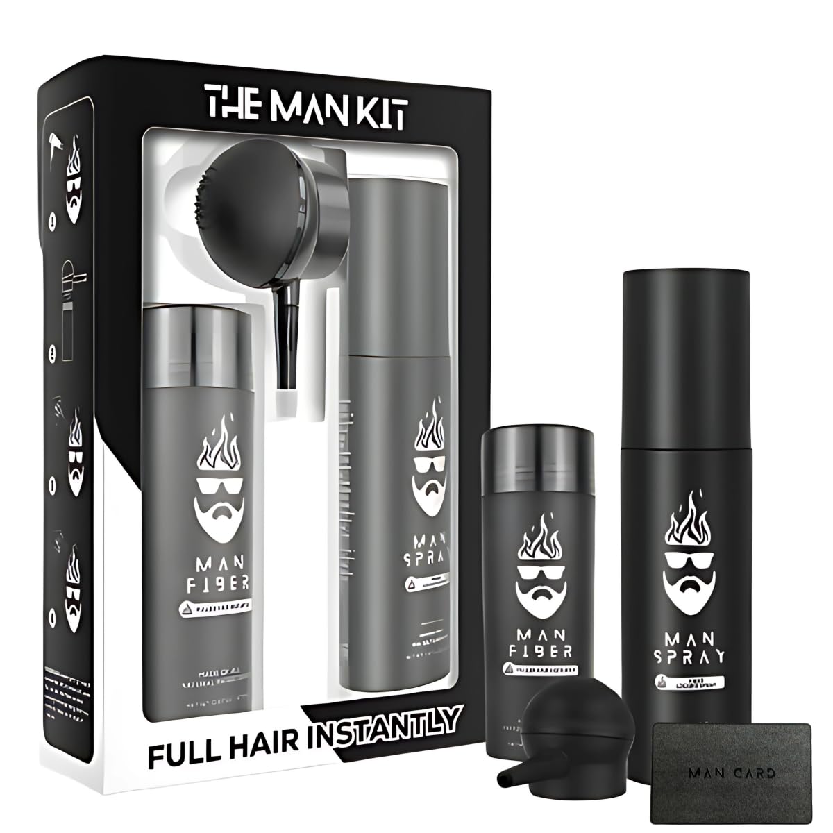 The Man Essentials hair thickening fibers bottle shows a natural blend for a fuller look.