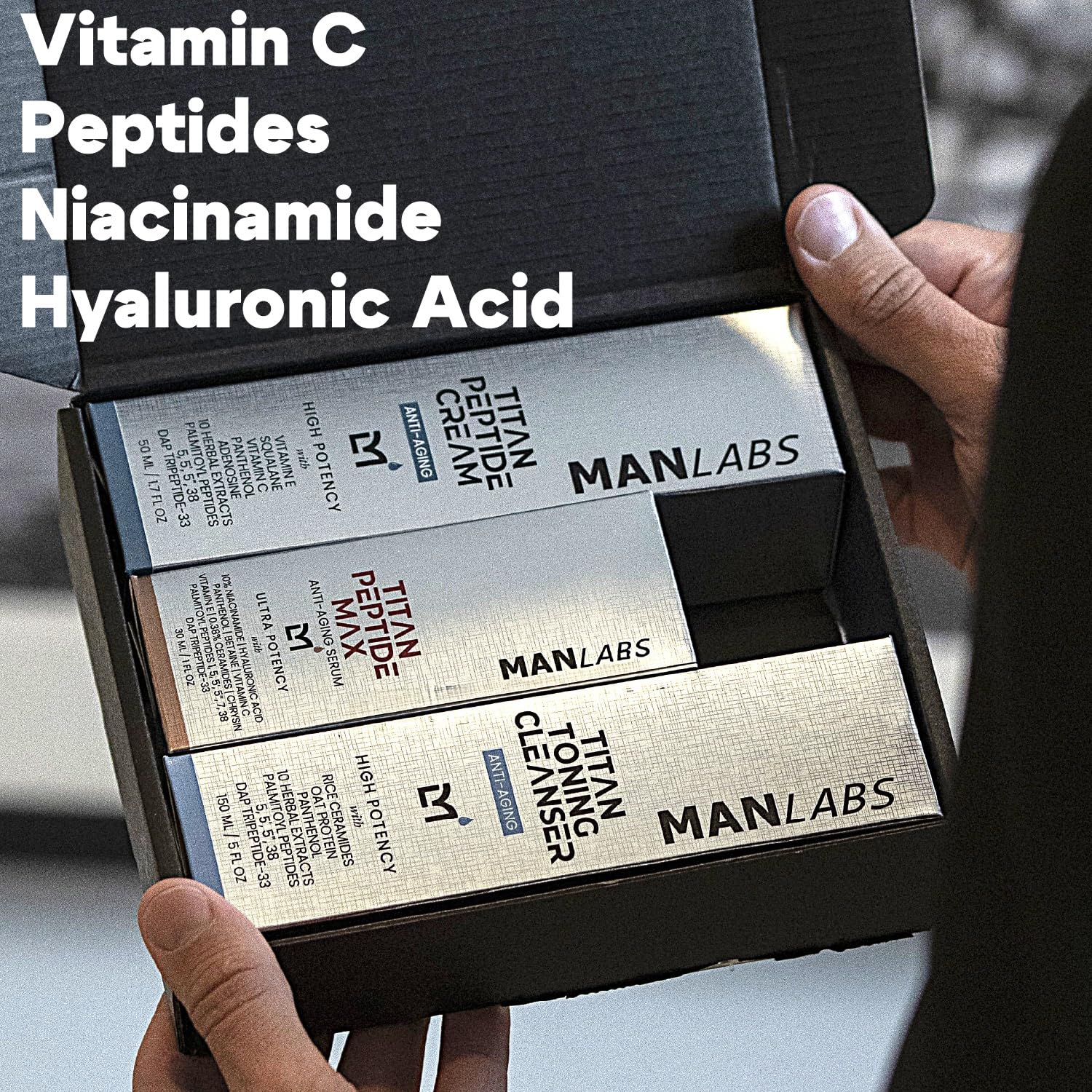 Man Labs Titan anti-aging kit packaging shows a complete daily routine.