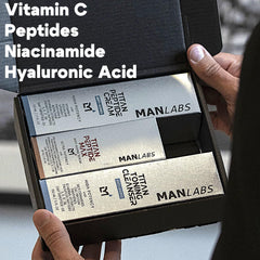 Man Labs Titan anti-aging kit packaging shows a complete daily routine.