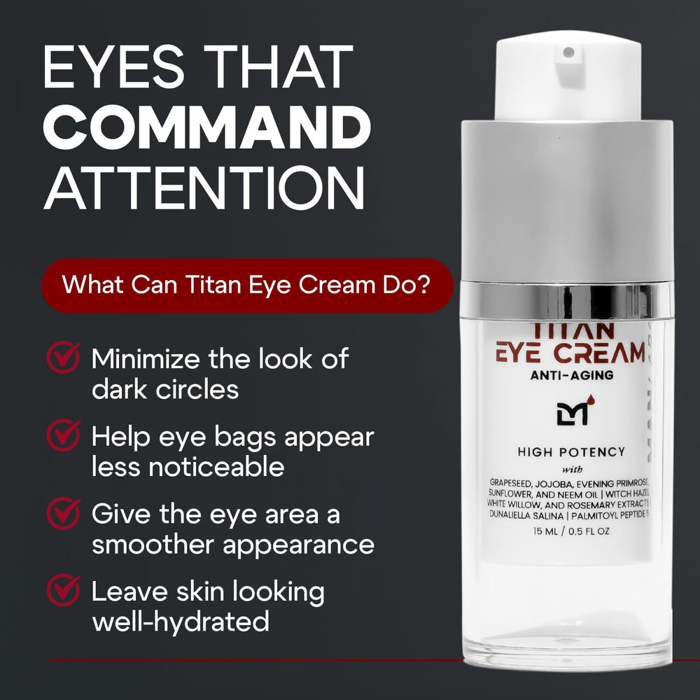 Man Labs Titan Eye Cream bottle with airless dispense for freshness
