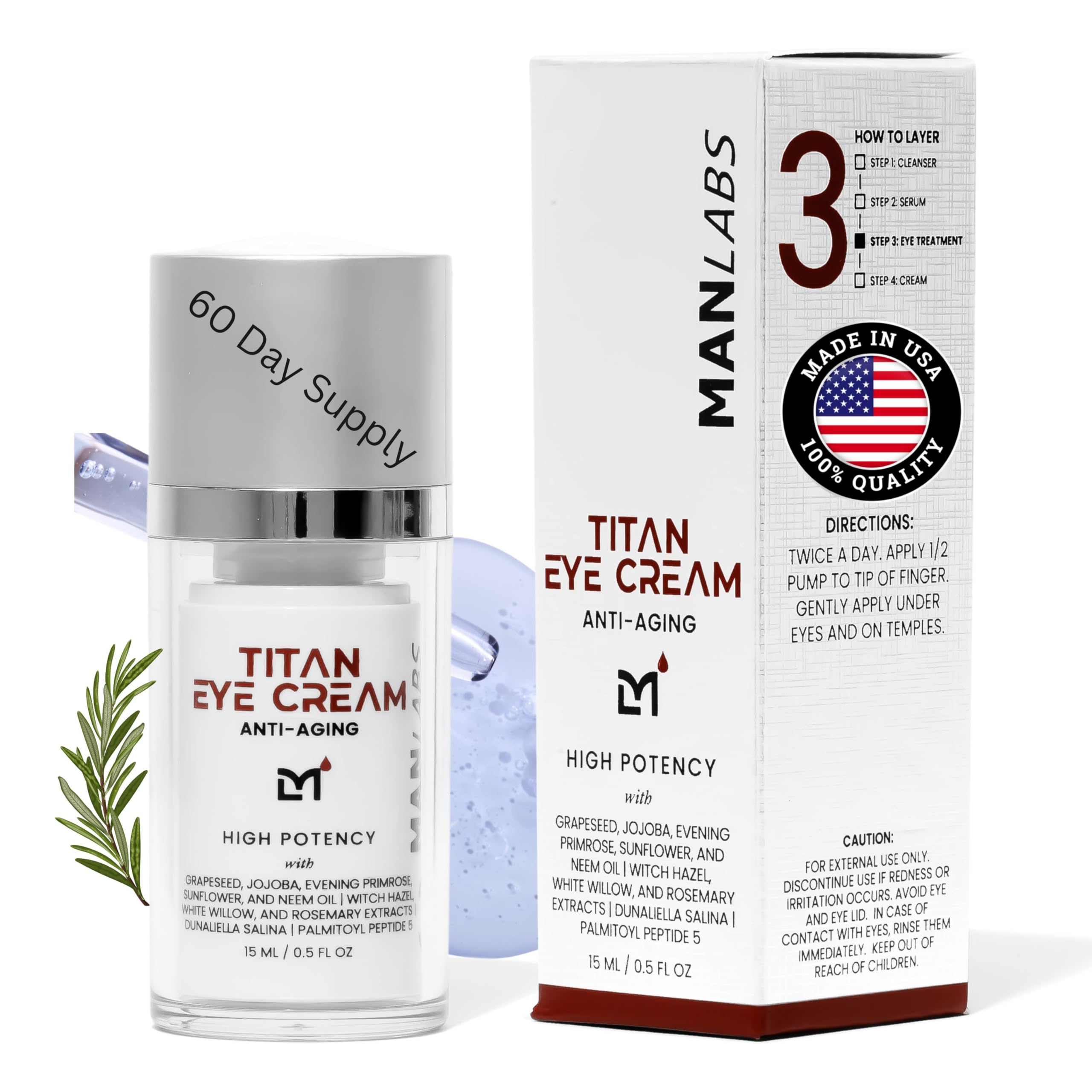 Man Labs Titan Eye Cream packaging showing premium unscented formula for men
