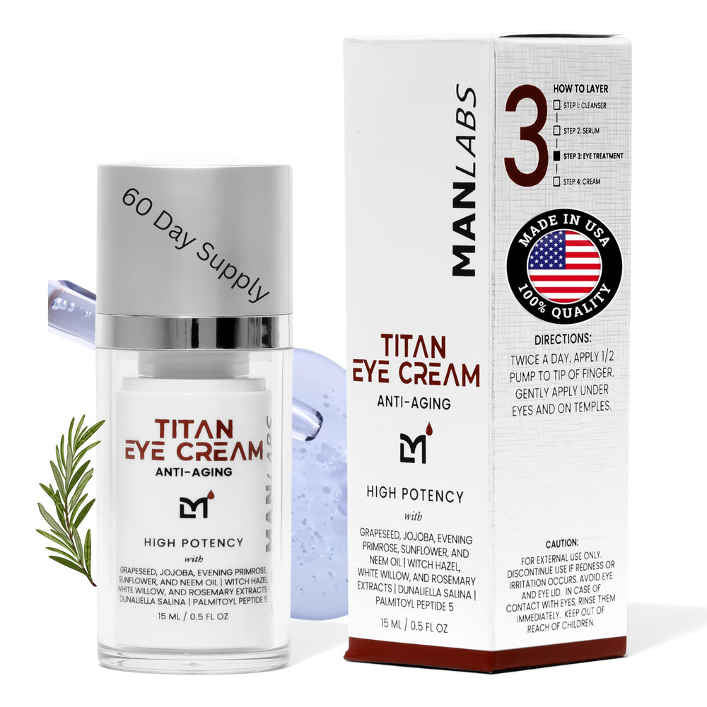 Man Labs Titan Eye Cream packaging showing premium unscented formula for men