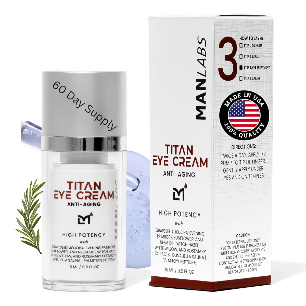 Man Labs Titan Eye Cream packaging showing premium unscented formula for men