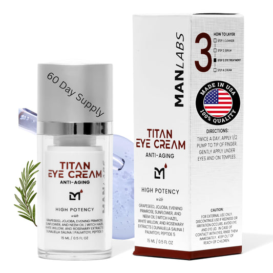 Man Labs Titan Eye Cream packaging showing premium unscented formula for men