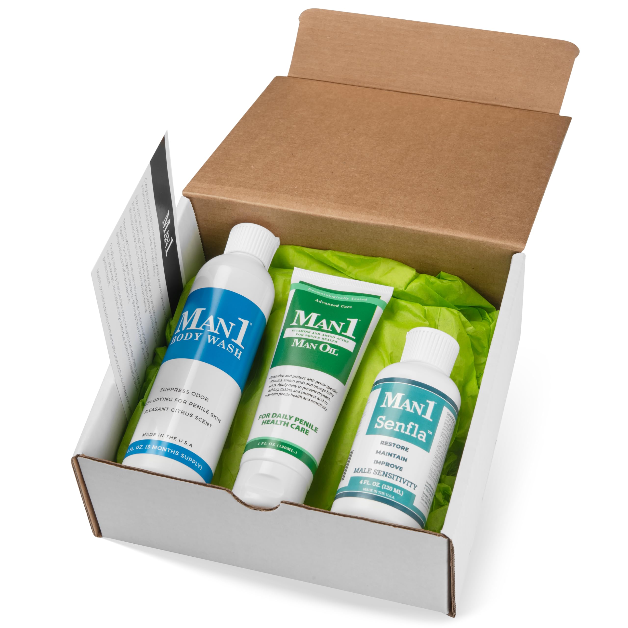 Man1 Man Oil bottle showcases hydrating formula for intimate skin.