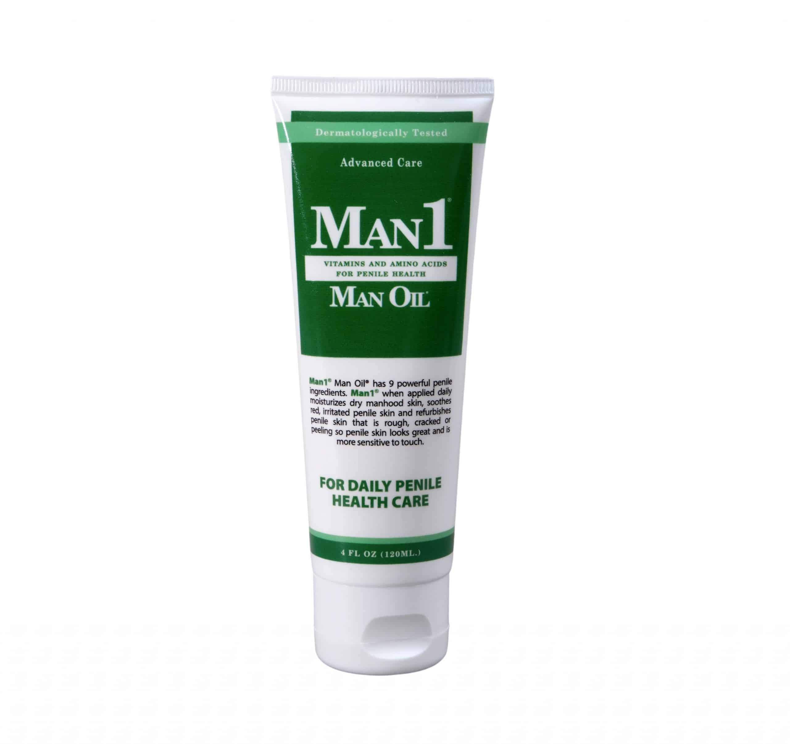 Man1 Man Oil penile health cream tube provides fast, fragrance-free care.