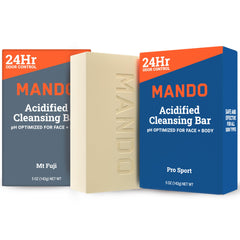 Mando 4-in-1 acidified cleansing bar two-pack on display, ideal for daily use and odor control