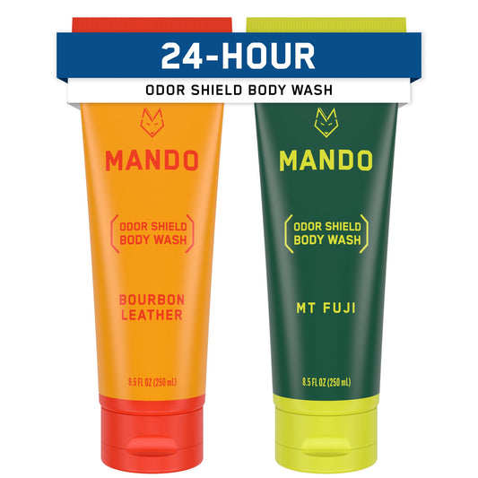 Mando Acidified Body Wash Bourbon Leather bottle pour promotes long-lasting freshness and balanced skin.
